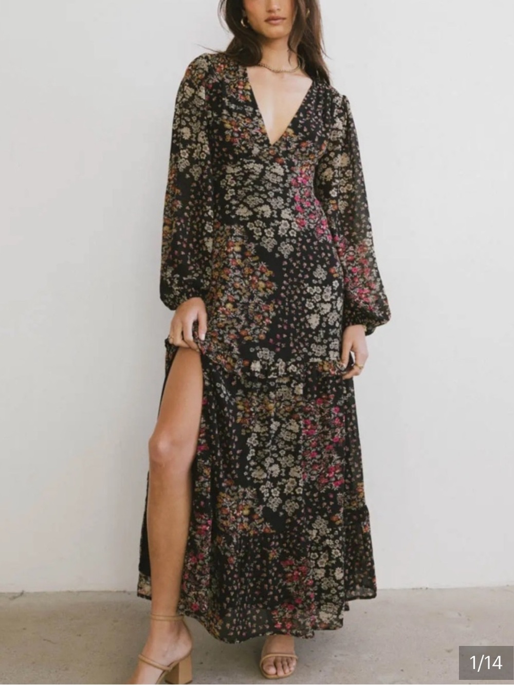 Shop Henly Baevely long sleeve maxi dress black florals